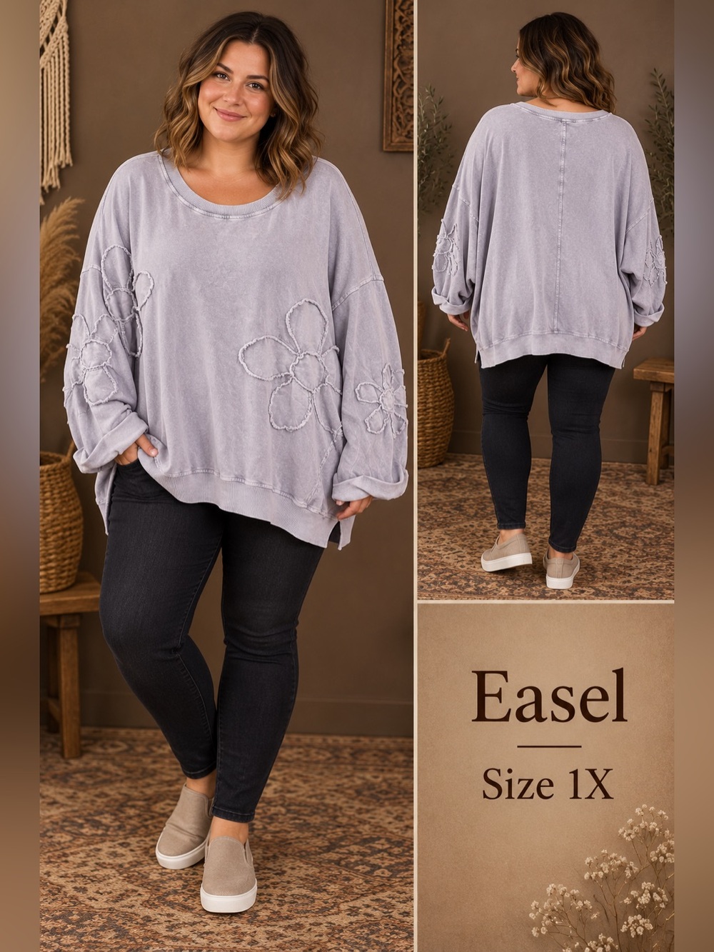 Easel  Lavender Floral Appliqué Pullover - 1X